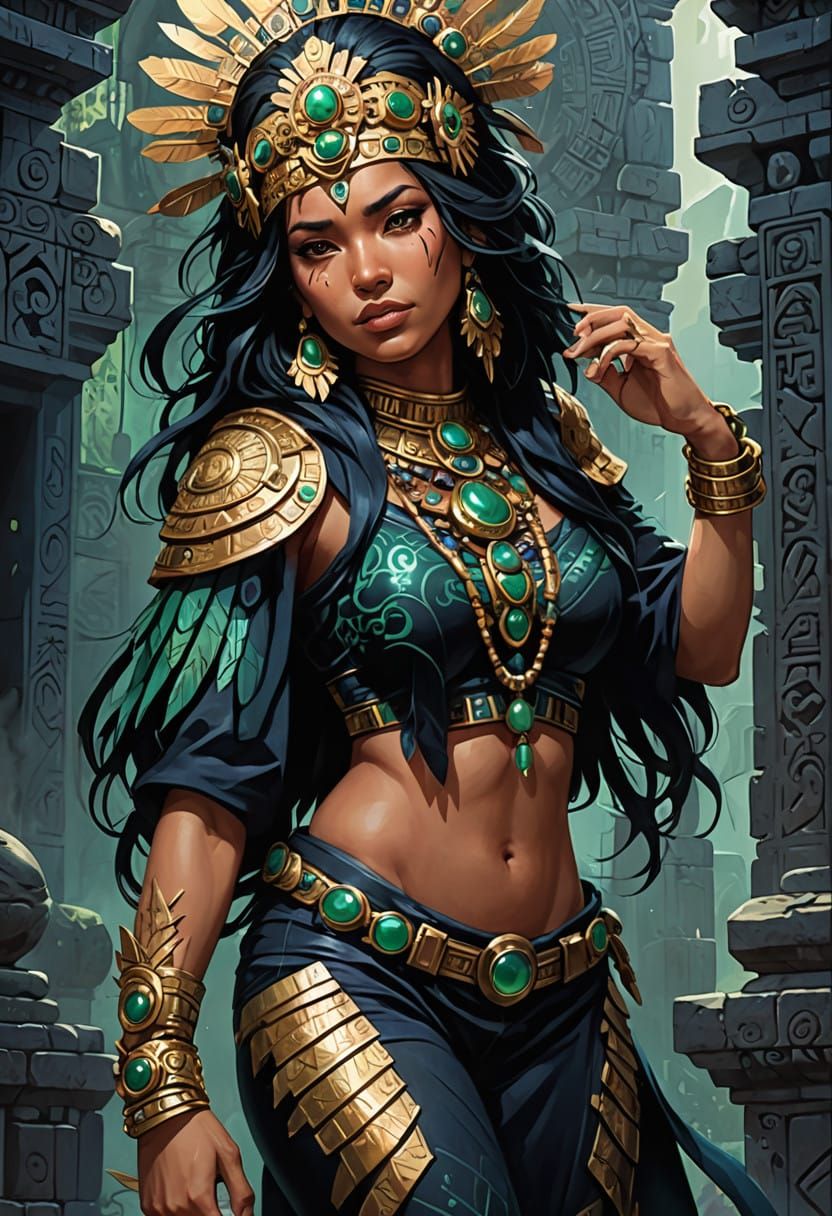 Regal Nahuatl Goddess in Aztec-Inspired Attire