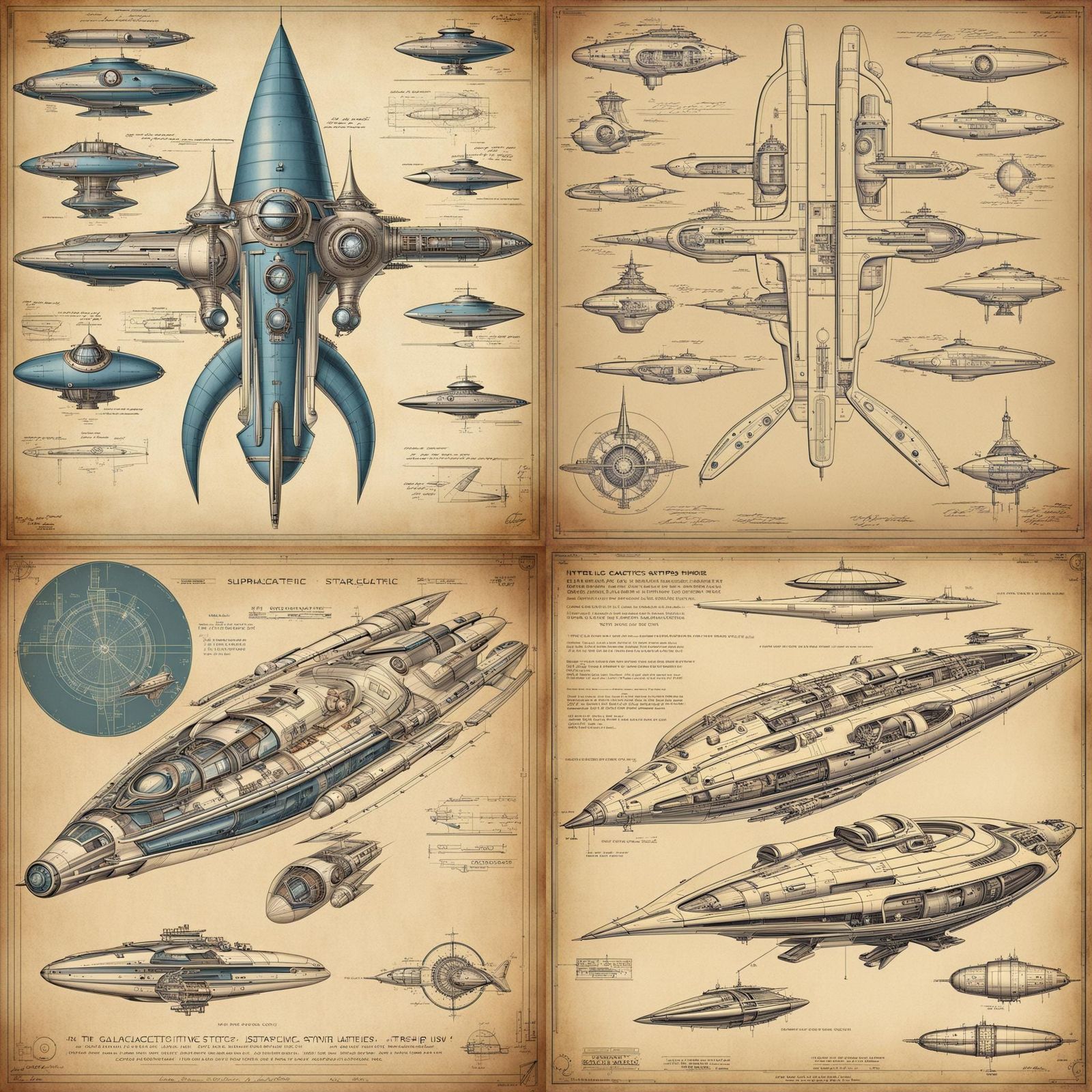 Retro Steampunk Intergalactic Starship Blueprints