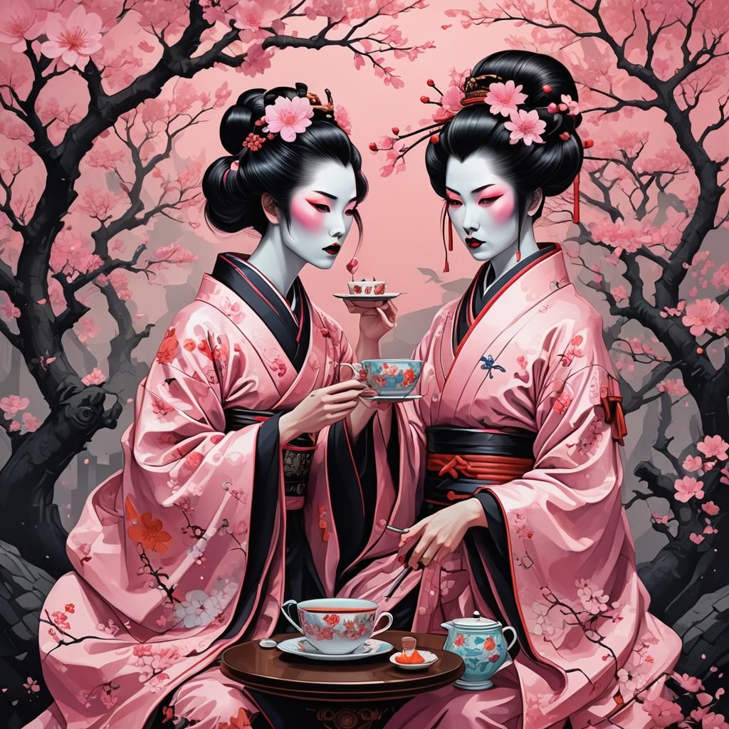 Pink Dracula and Vampire Geisha with Cherry Blossoms