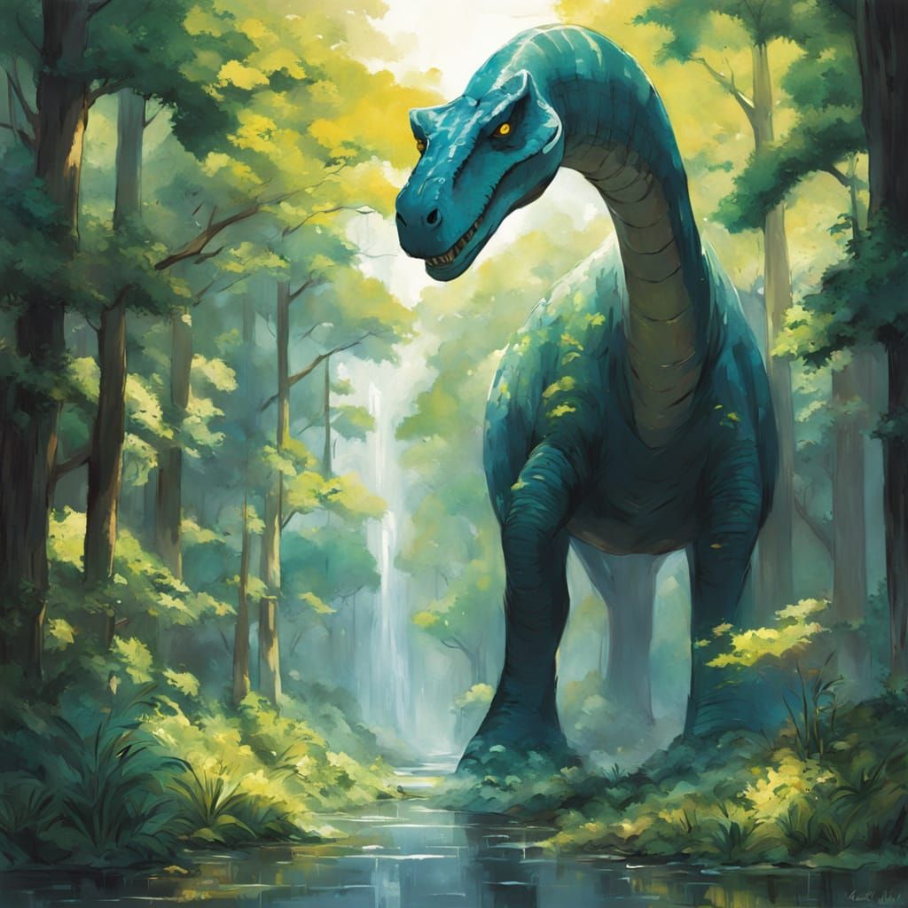 Lush Prehistoric Jungle with Brachiosaurus in Anime Style