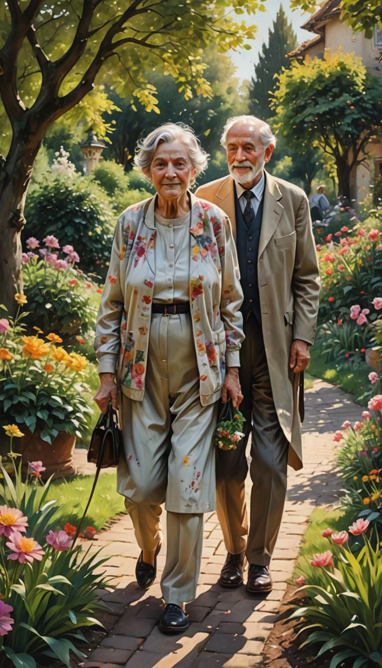 Elderly Couple Stroll in a Sunny Garden