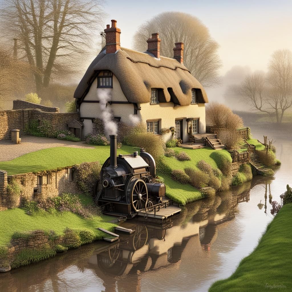 Riverside Cottage with Steampunk Engine in Rural England