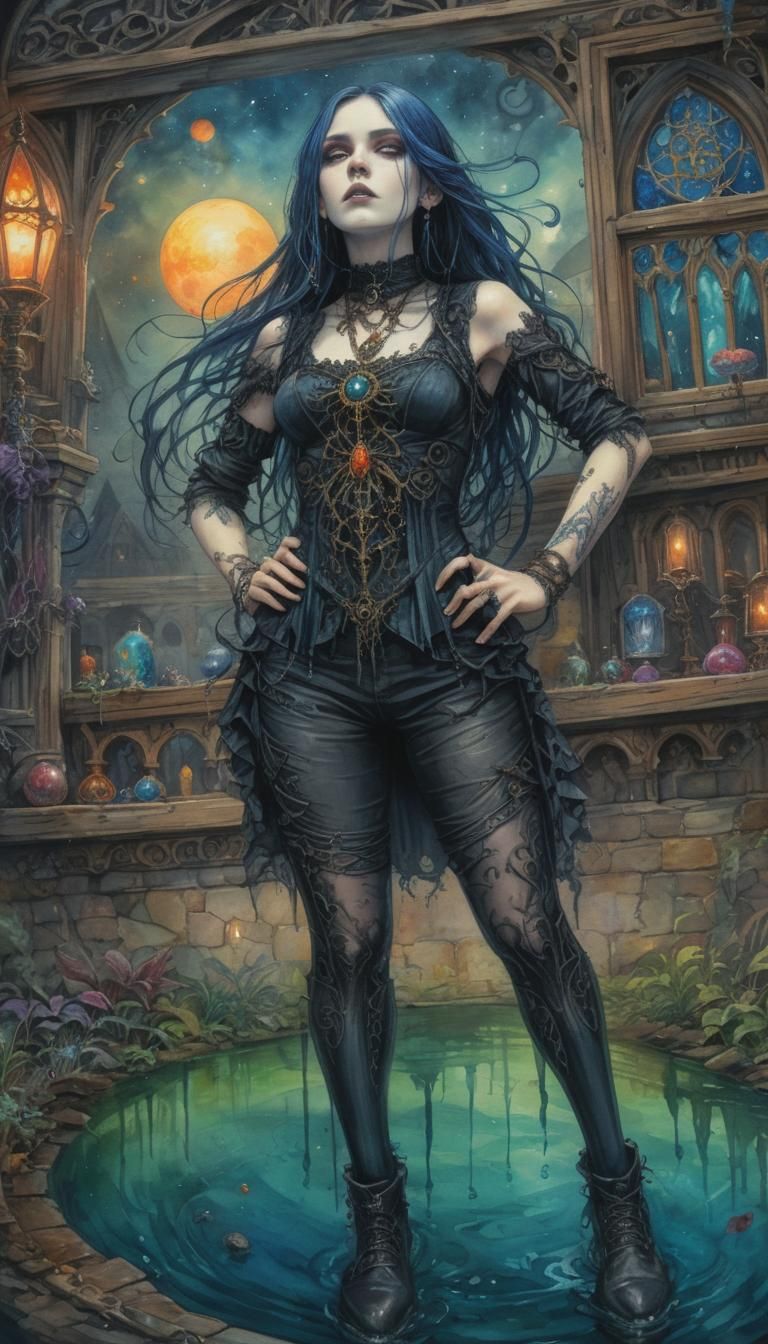 Ethereal Gothic Scene in Vibrant Watercolors