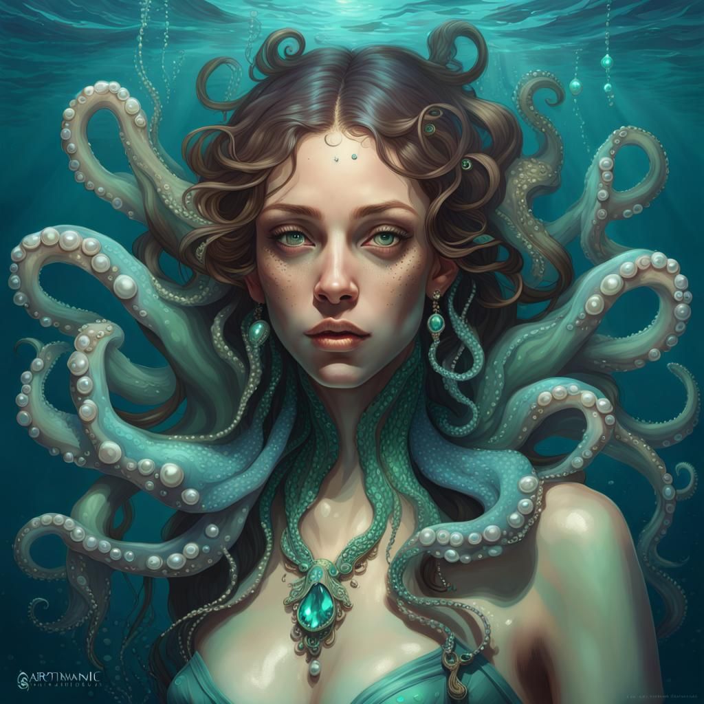 Underwater Octopus Girl Portrait in Art Nouveau Style
