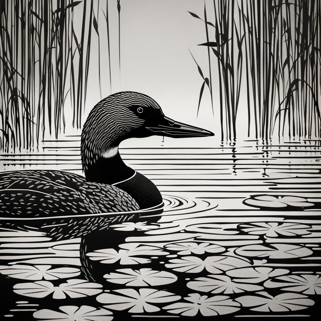 Minimalist Linocut of Loon in Lake