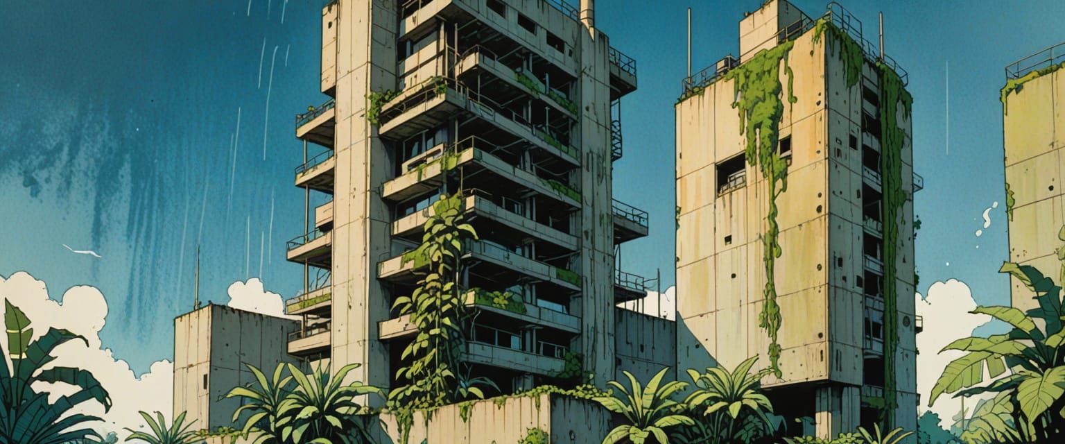 Abandoned Futuristic Factory in Sunlit Watercolor Style