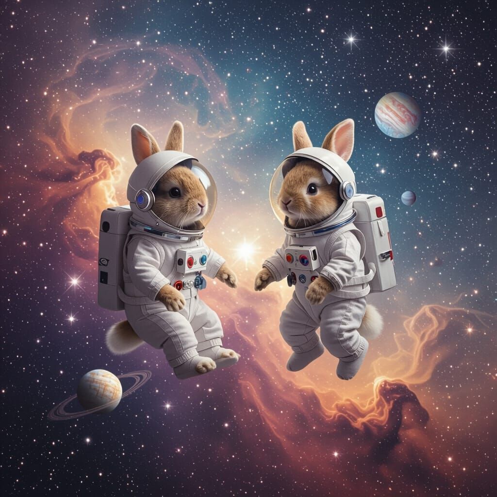 Cute Space Rabbits in a Vibrant Cosmic Nebula