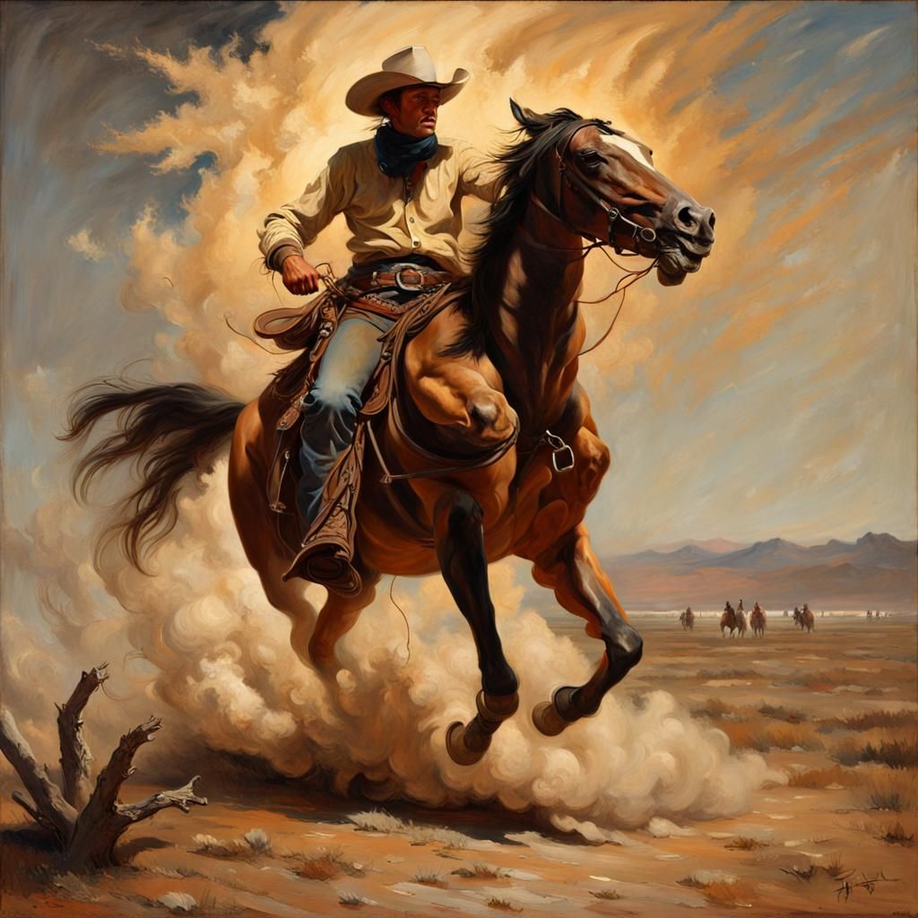 Cowboy on Horseback: Hyperdetailed Romanticism Painting