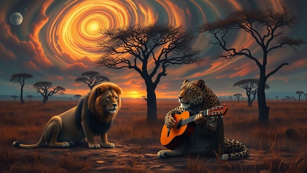 Lions and Leopard in Savannah Twilight