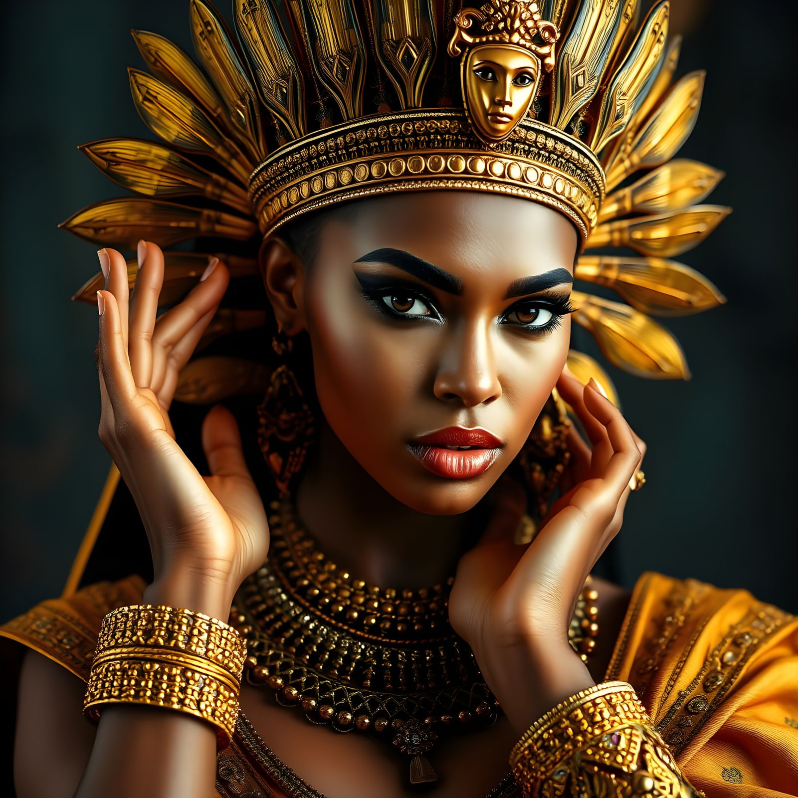 Elegant Egyptian Goddess in Golden Haute Couture
