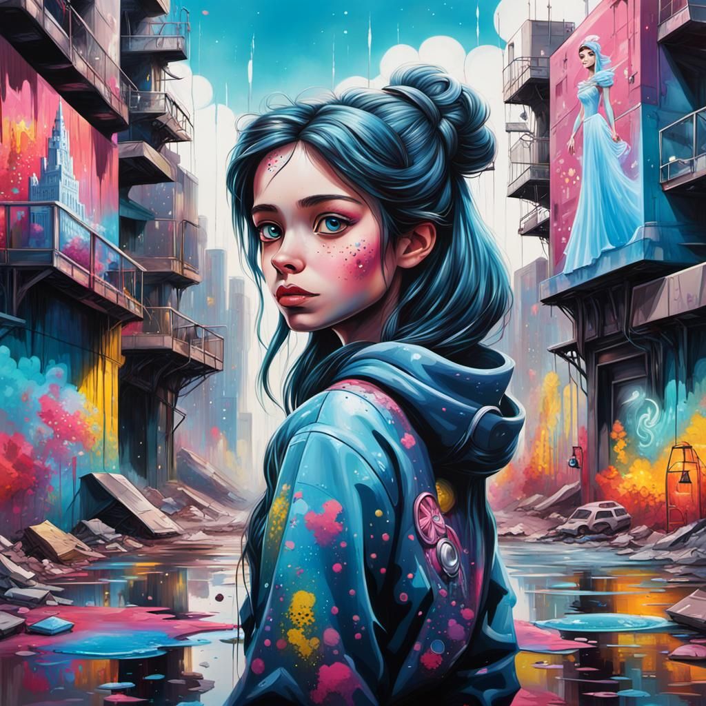 Futuristic Disney Princess in Post-Apocalyptic City