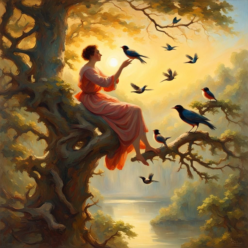 Woman with Birds in Forest Landscape as Impressionist Art