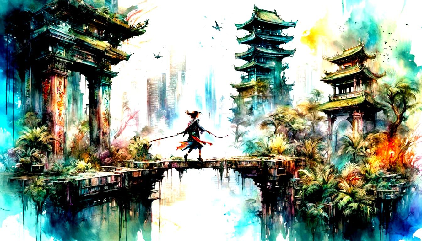 Jungle Ruins Meet Cyberpunk City in Watercolor