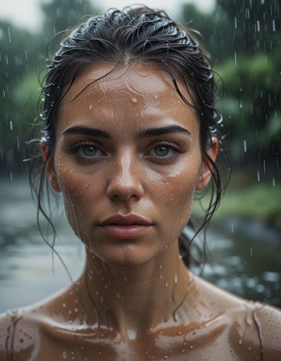 Moody Film Still of Woman in Rainy Atmosphere