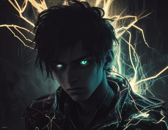 Dark Surrealism: Boy with Electric Eyes in Neon Glow