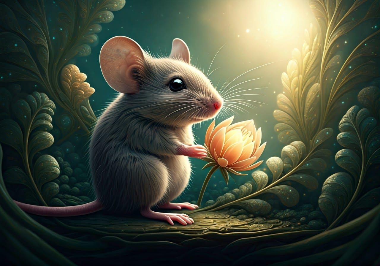 Mouse with Exotic Flower: Maximalist Concept Art