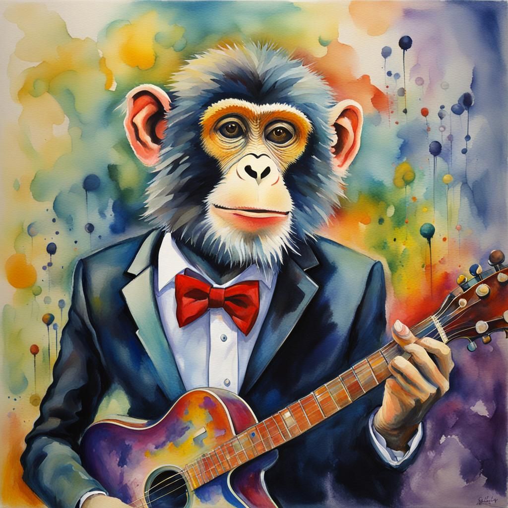 Funky Monkey in Tuxedo: Jazz Fusion Watercolor Art