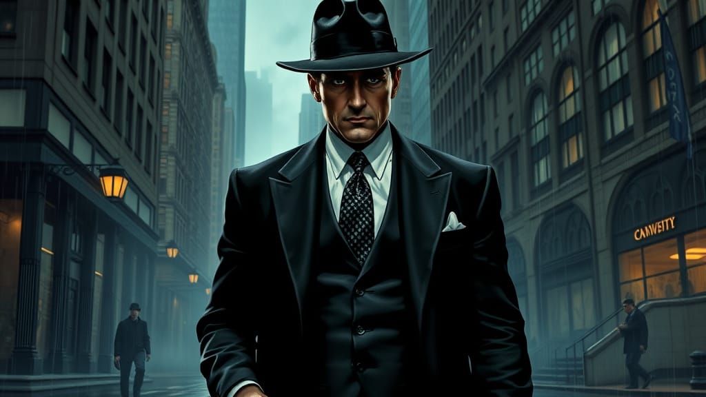 Gotham City Gangster Strolls Rainy Streets in Film Noir Styl...
