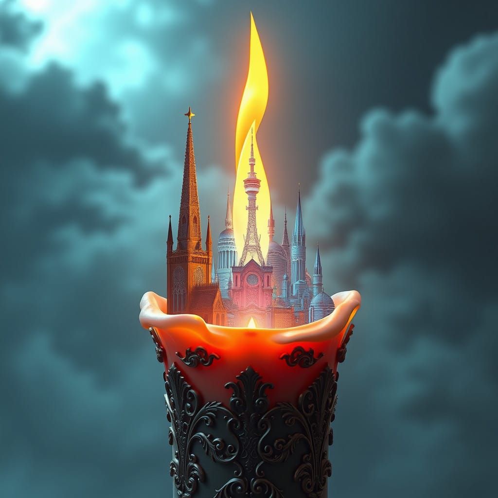 Surreal Futuristic Cityscape Ignites from a Majestic Candle