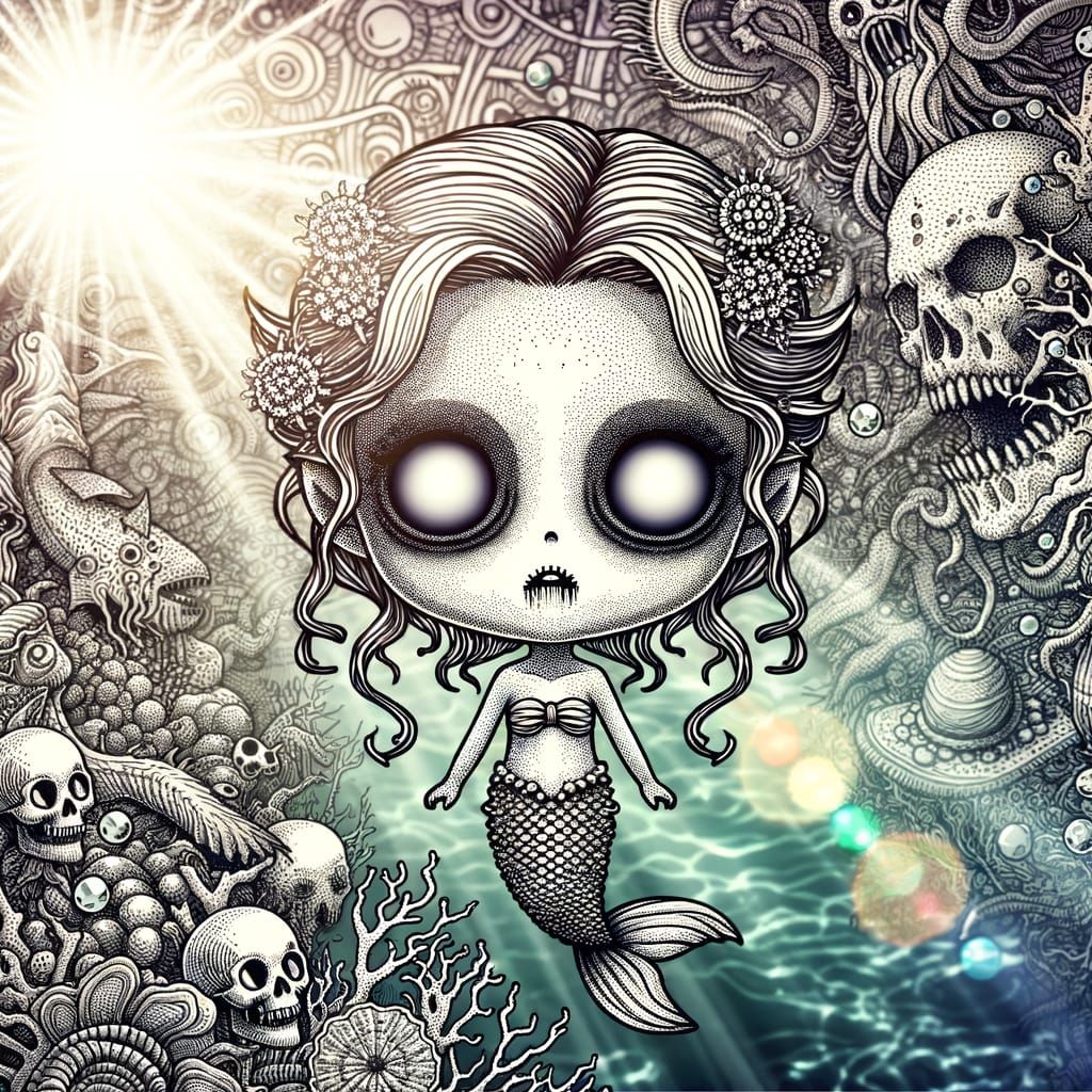 Eerie Chibi Mermaid in Sinister Ocean Scene