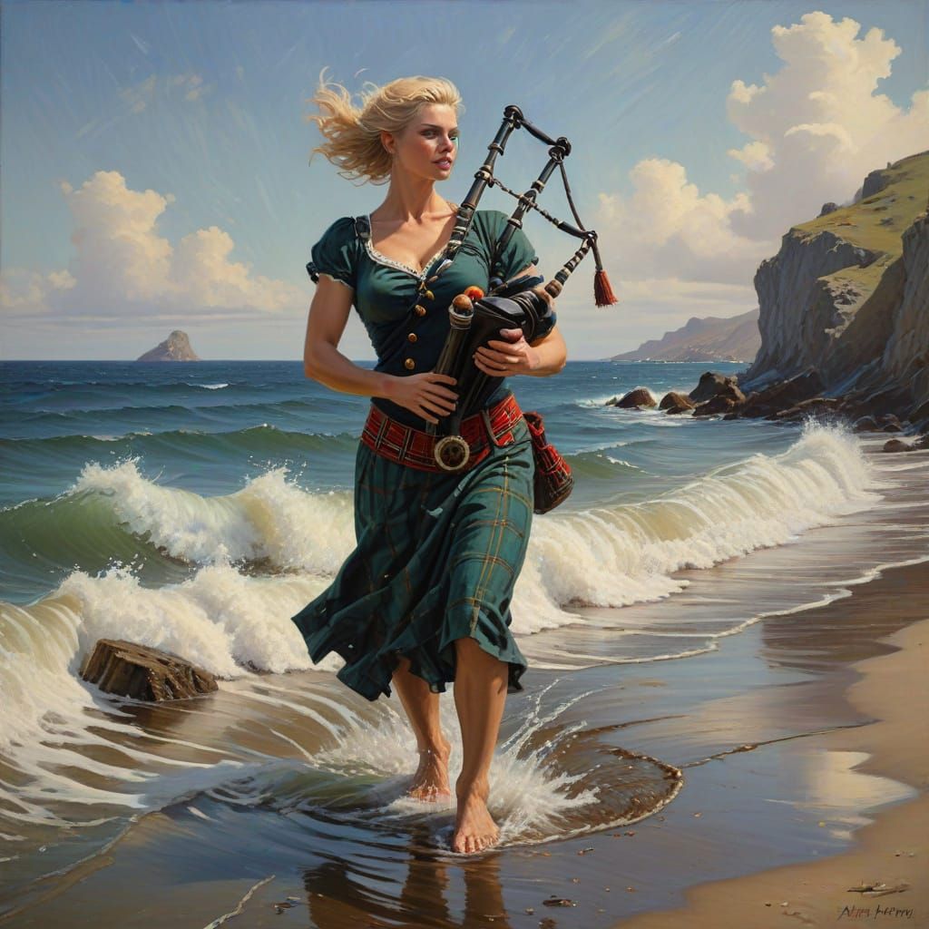 Sensual Mermaid Plays Bagpipes in Oil Painting