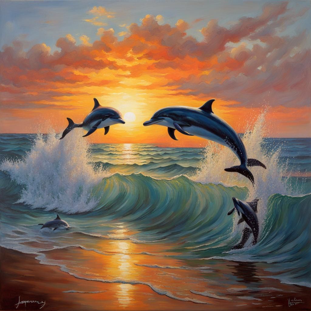 Dolphins at Sunset: Oil Painting