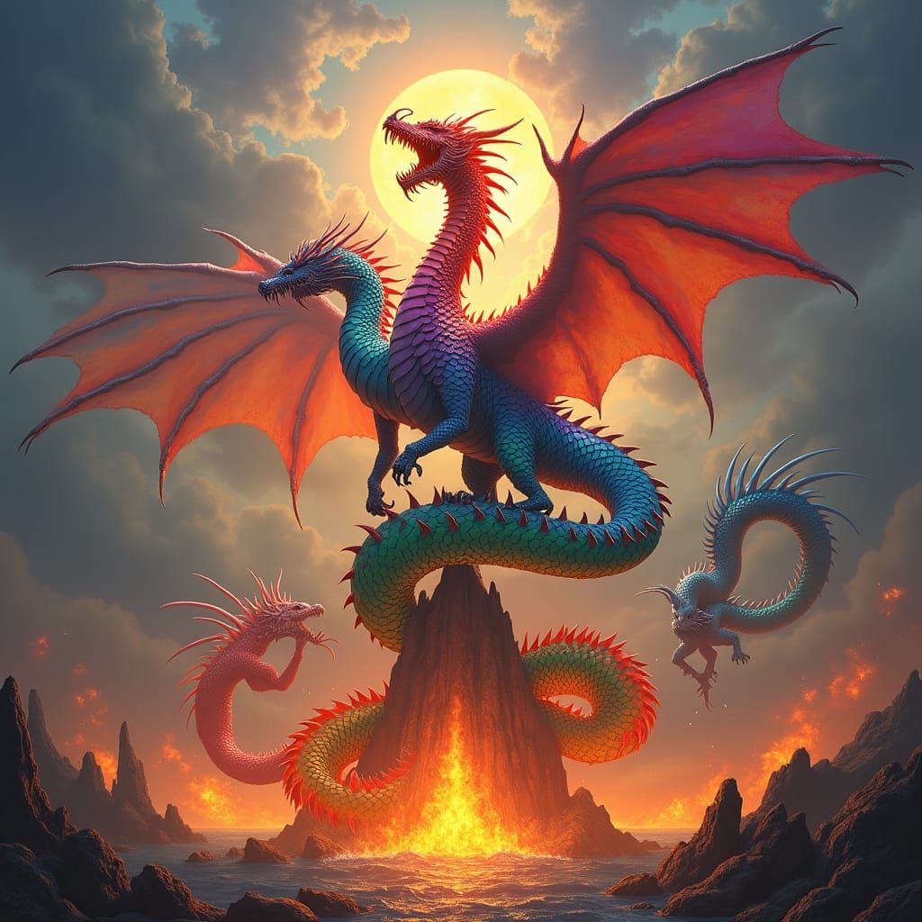 Fiery Rainbow Dragons in Surreal Biomechanical Style