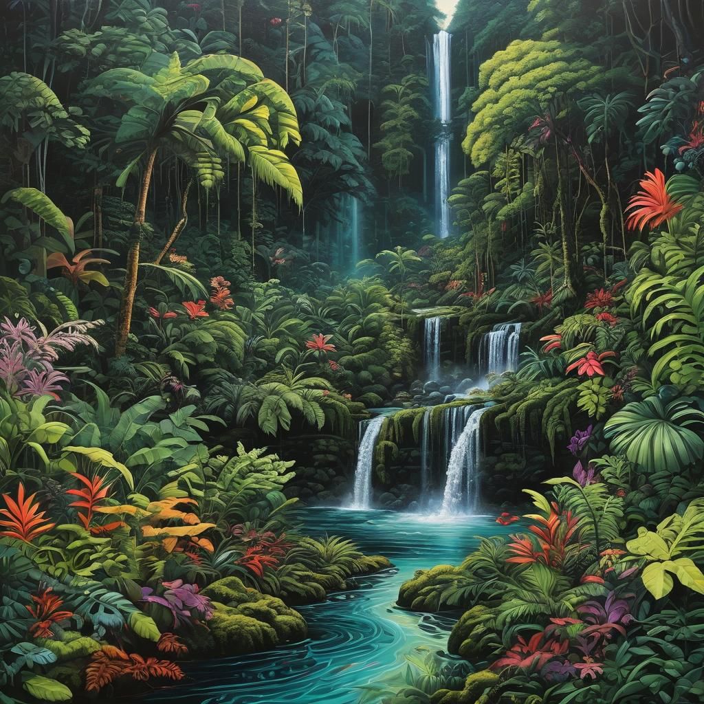 Lush Rainforest Clearing with Waterfall, Acrylic and Oil