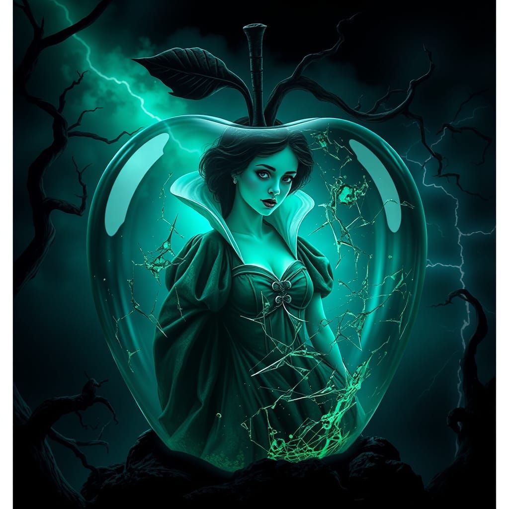 Dark Fantasy Snow White Trapped in a Shattering Glass Apple