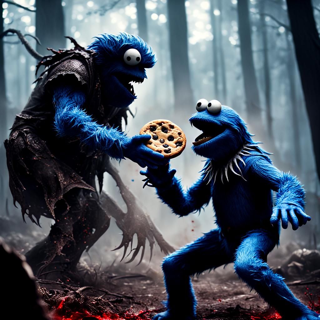 Dark Fantasy Battle Between Cookie Monster and Dark Elf