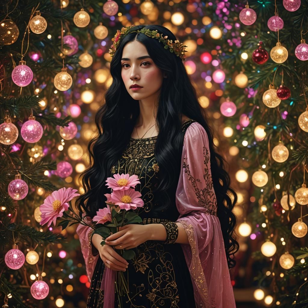 Art Nouveau Girl with Flower in Christmas Lights