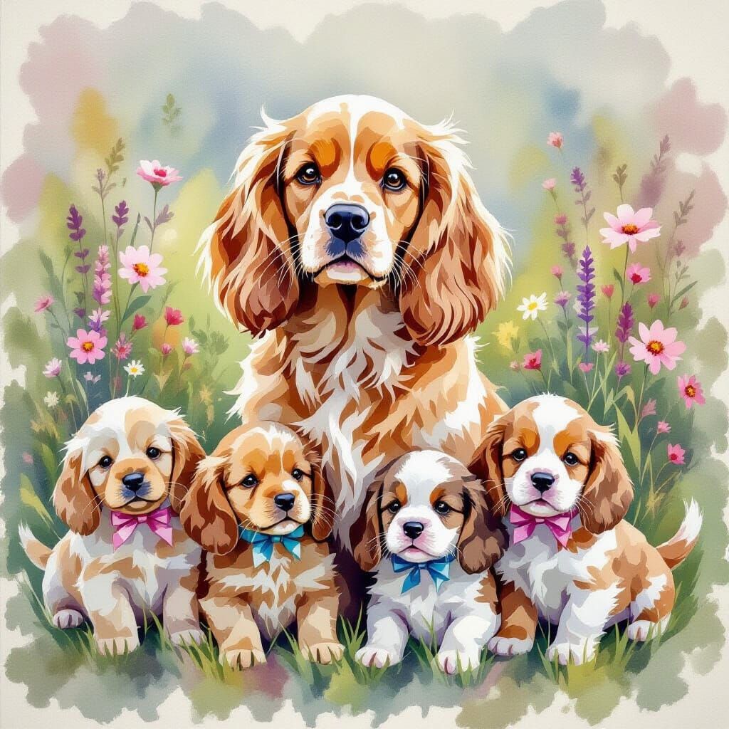 Realistic Watercolor Cocker Spaniel Family