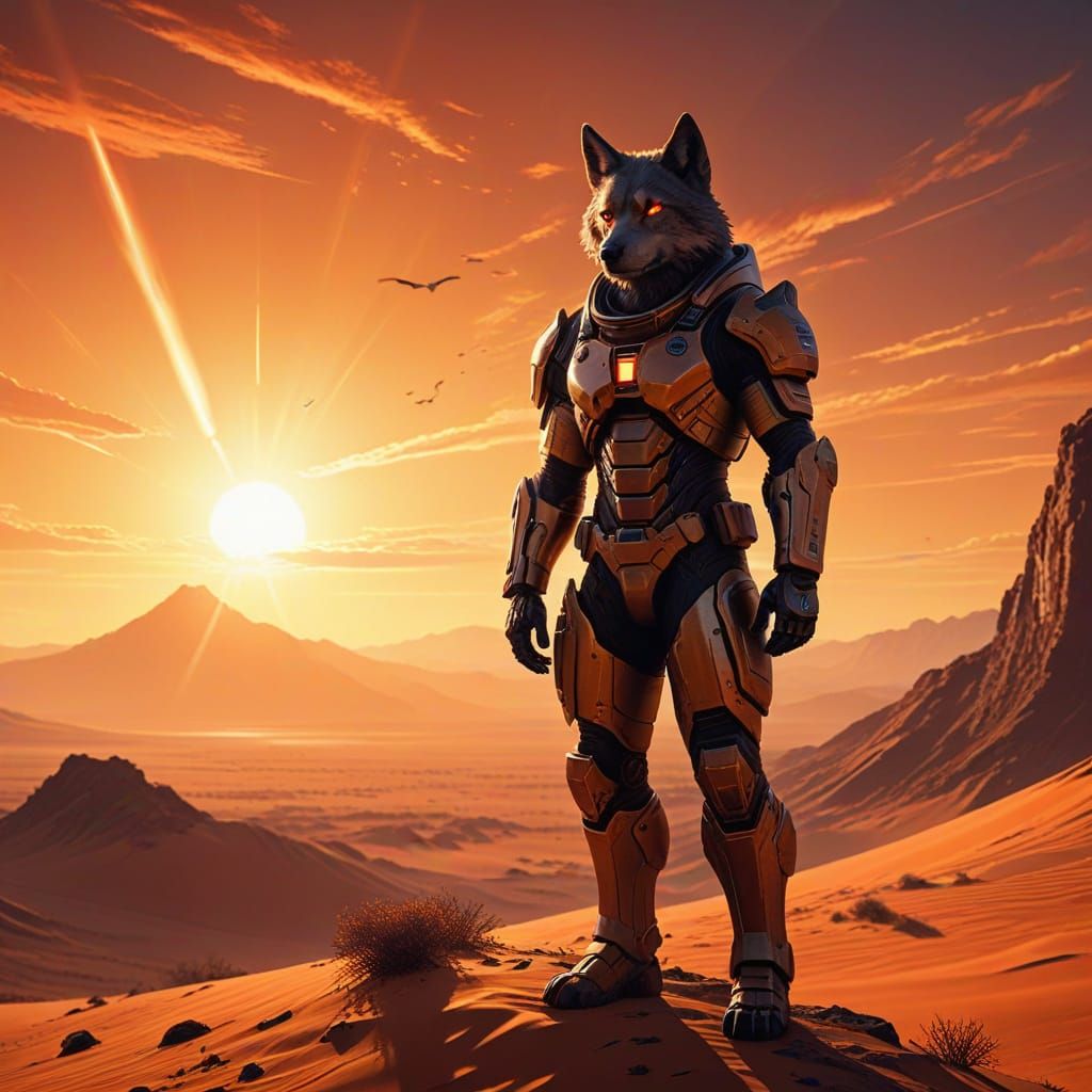 Wolf Pilot on Alien Planet at Sunset