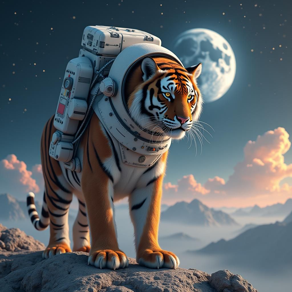 Tiger Astronaut on the Moon in Digital Art Style