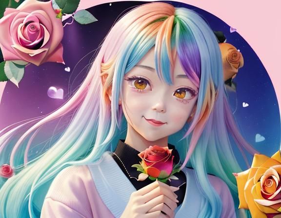 Rainbow Rose Heart Magic in Anime Style