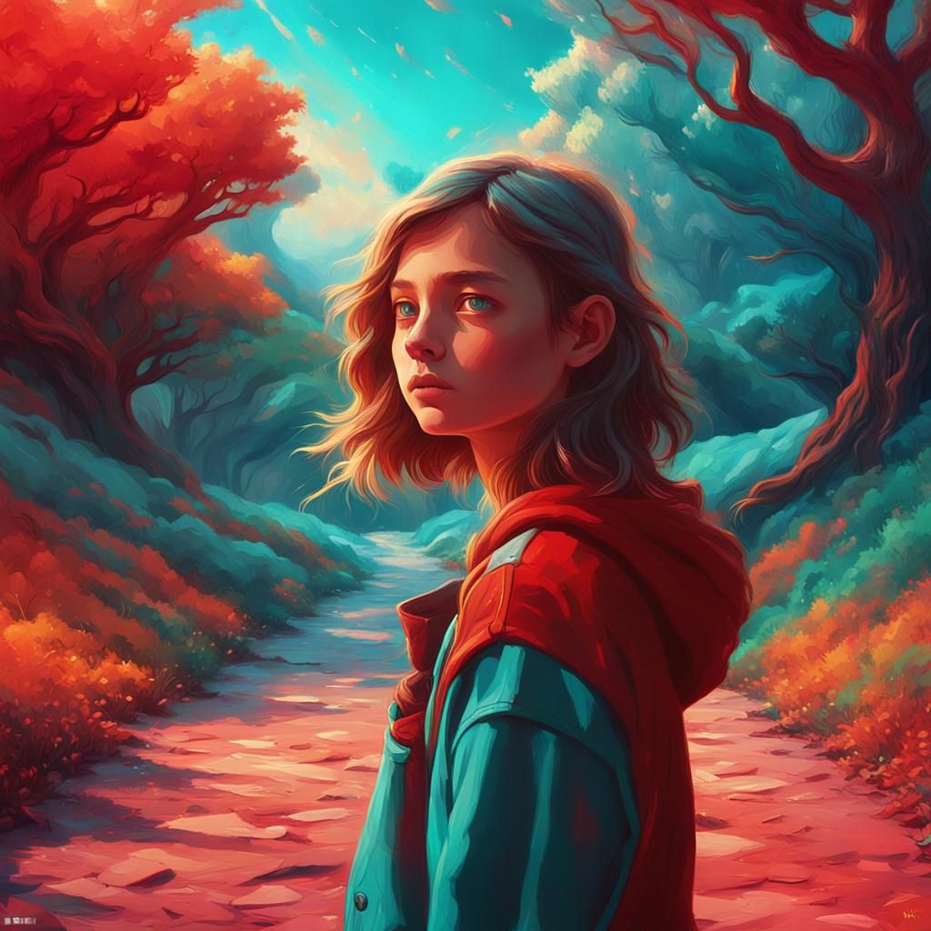 Girl Walks in Dreamlike Landscape, Oil Painting
