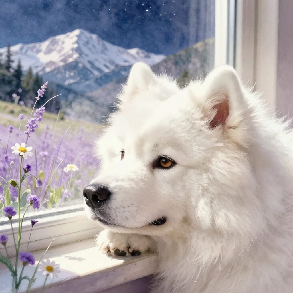 Fluffy Samoyed Dog Gazing at Mountain Landscape in Watercolo...