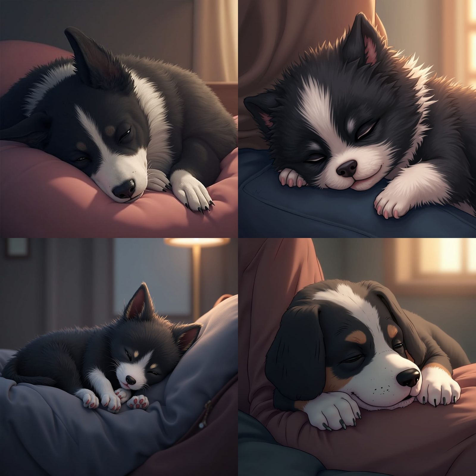 Black and White Dog Sleeping Peacefully on Lap, 3D Anime Art