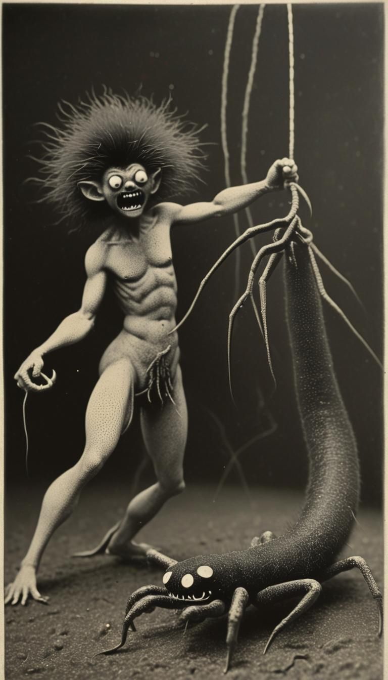 Angry, Skinny Troll Tries to Hang Up Long Buggish Creature