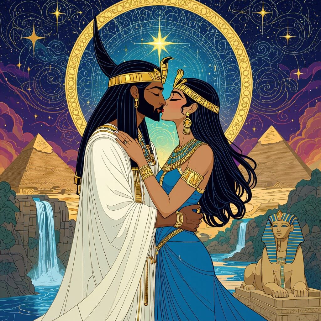 Thoth and Isis Embrace in Celestial Dreamscape