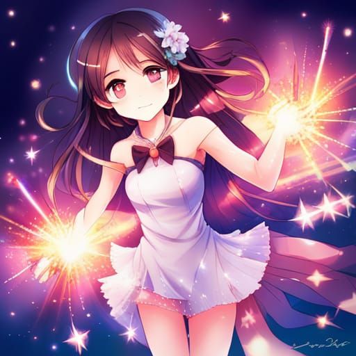 Sparkling Anime Girl Portrait with Fireworks