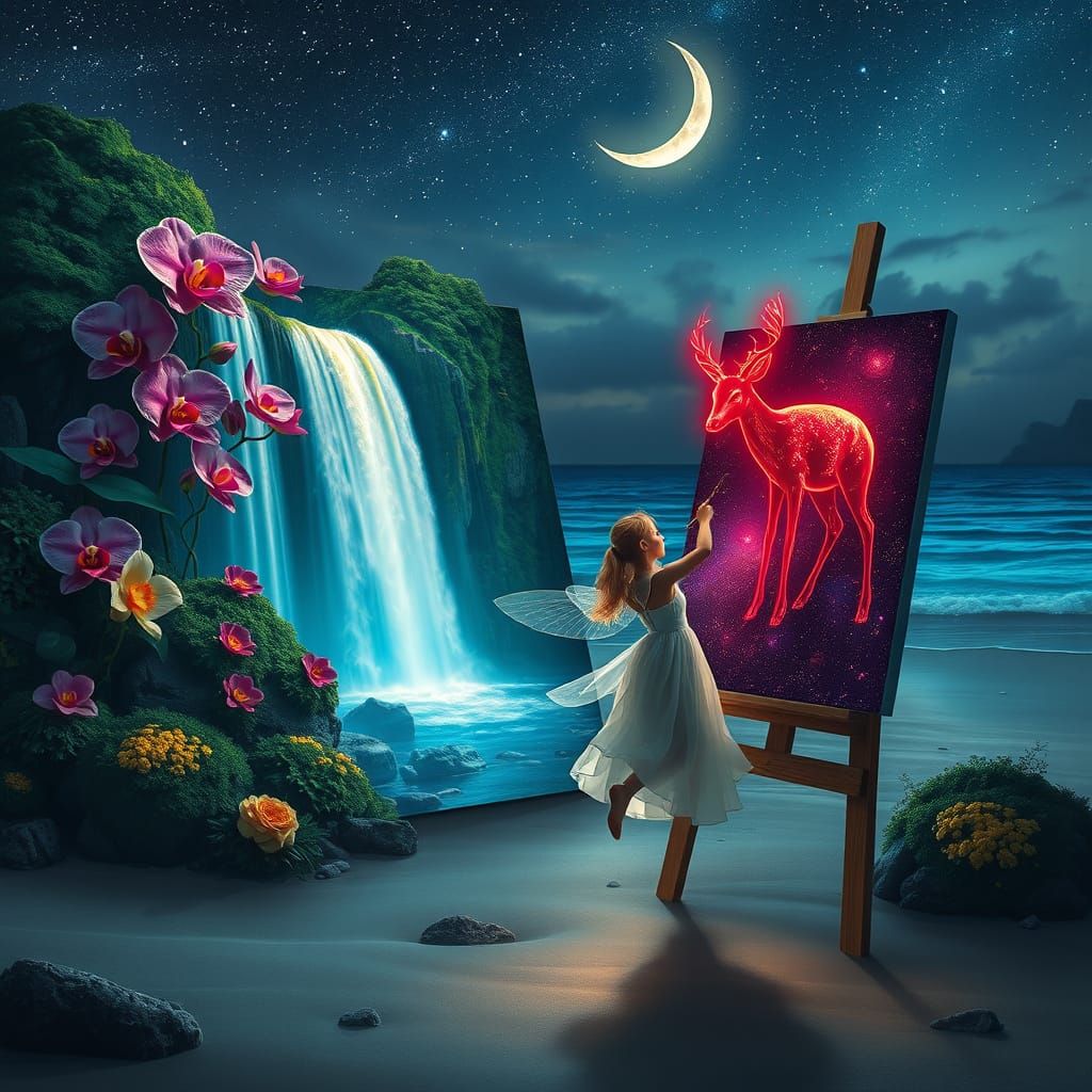Pixie Paints a Summer Night Landscape, Surreal Photorealism