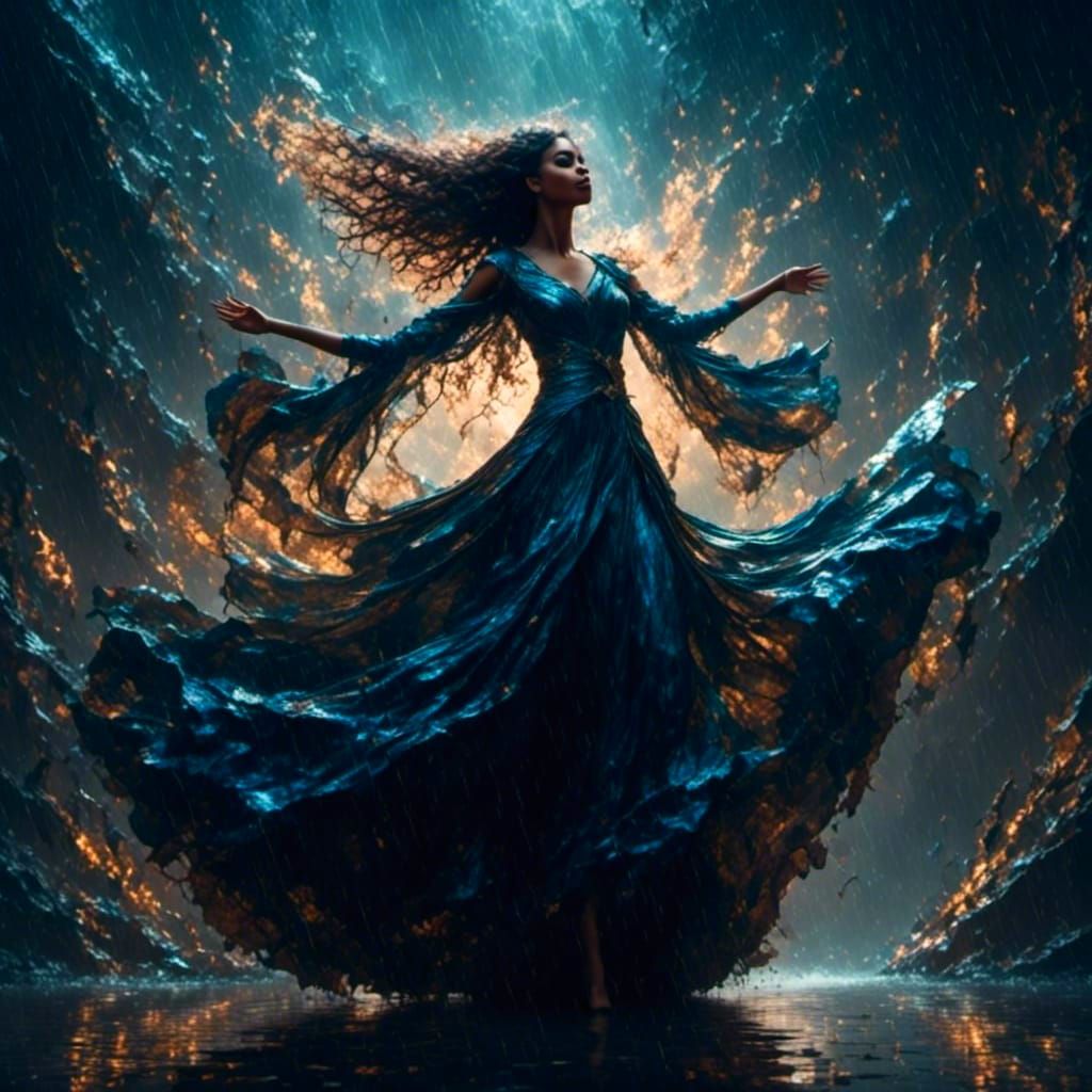 Enchantress Welcoming Rain in Dark Fantasy Illustration