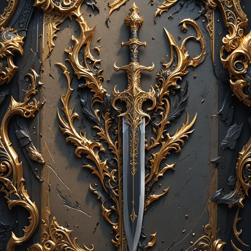 Ornate Sword with Gold Hilt in Detailed Matte Painting