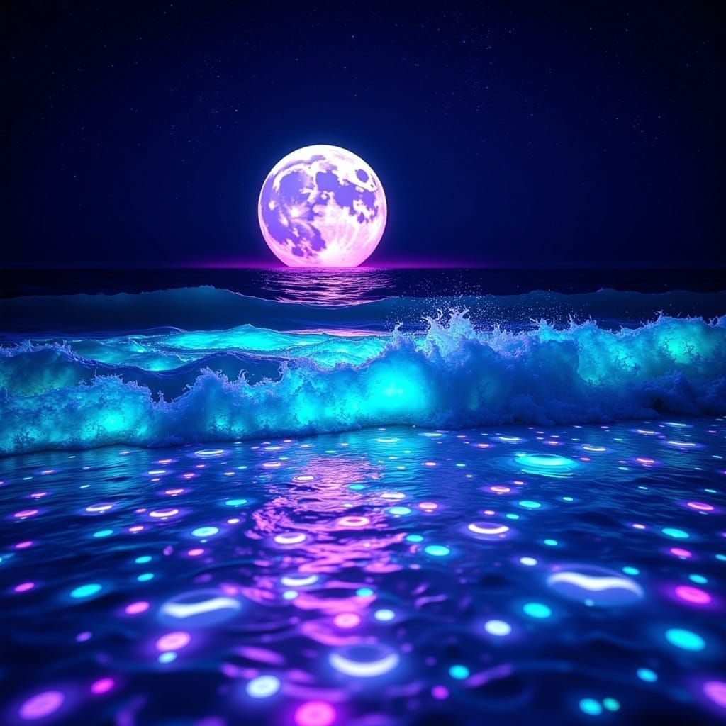 Bioluminescent Beach at Night in a Digital Painting