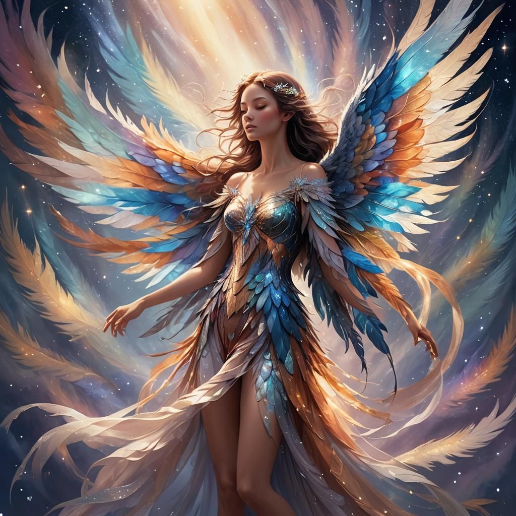 Ethereal Woman with Stardust Wings: Fantasy Illustration