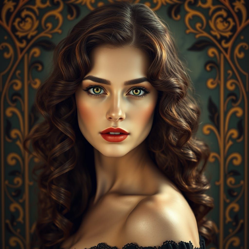Woman with Green Eyes in Art Nouveau Style