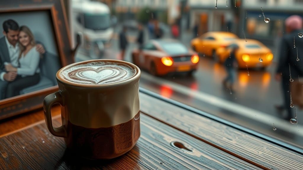 Heart Coffee Cup in Rainy Cityscape: Photorealistic
