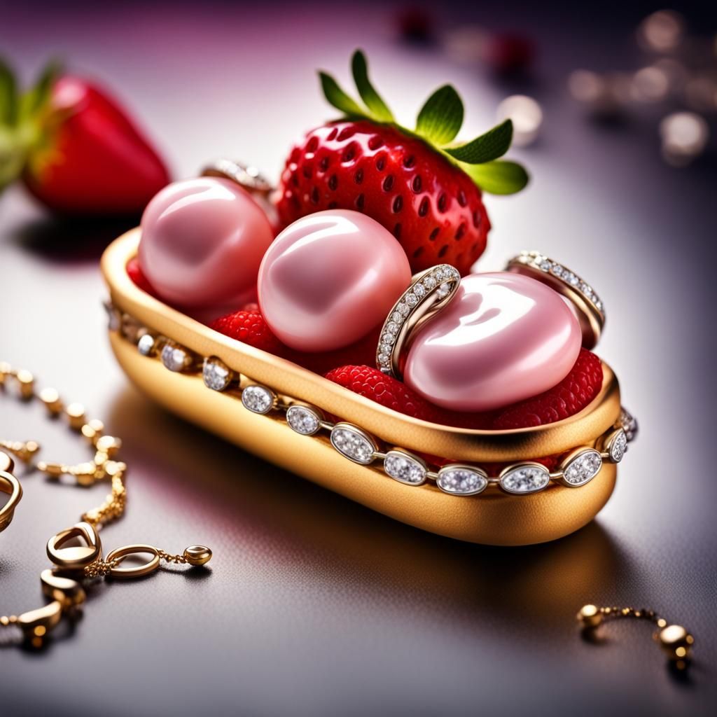 Strawberry Jewelry with Gem Eclairs: Hyperrealistic Still Li...