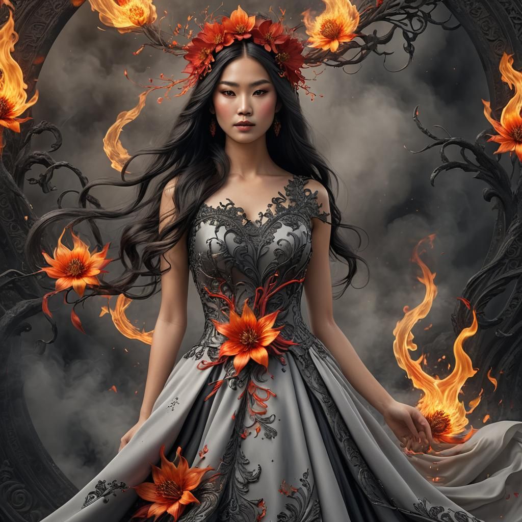 Fiery Asian American Woman in Ash Gown: 3D Render